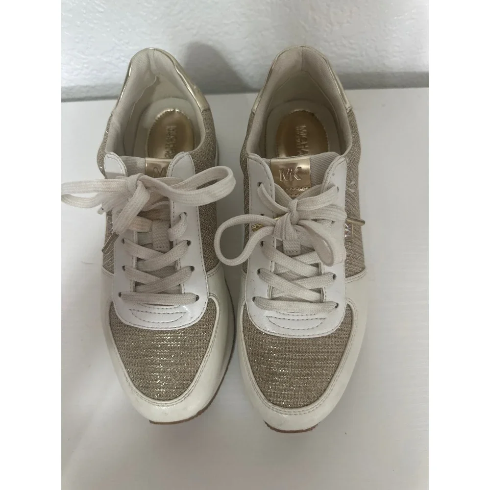 Michael Kors Sneakers Platform Gold Glitter Logo Lace Up Casual Shoes - Picture 1 of 9